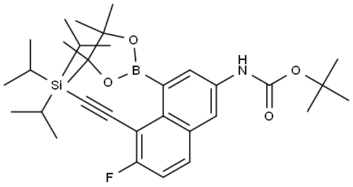 tert-Butyl (6-fluoro-4-(4,4,5,5-tetramethyl-1,3,2-dioxaborolan-2-yl)-5-((triisopropylsilyl)ethynyl)naphthalen-2-yl)carbamate Structural