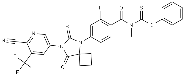 O-phenyl N-[4-[7-[6-cyano-5-(trifluoromethyl)pyridin-3-yl]-8-oxo-6-sulfanylidene-5,7-diazaspiro[3.4]octan-5-yl]-2-fluorobenzoyl]-N-methylcarbamothioate Structural