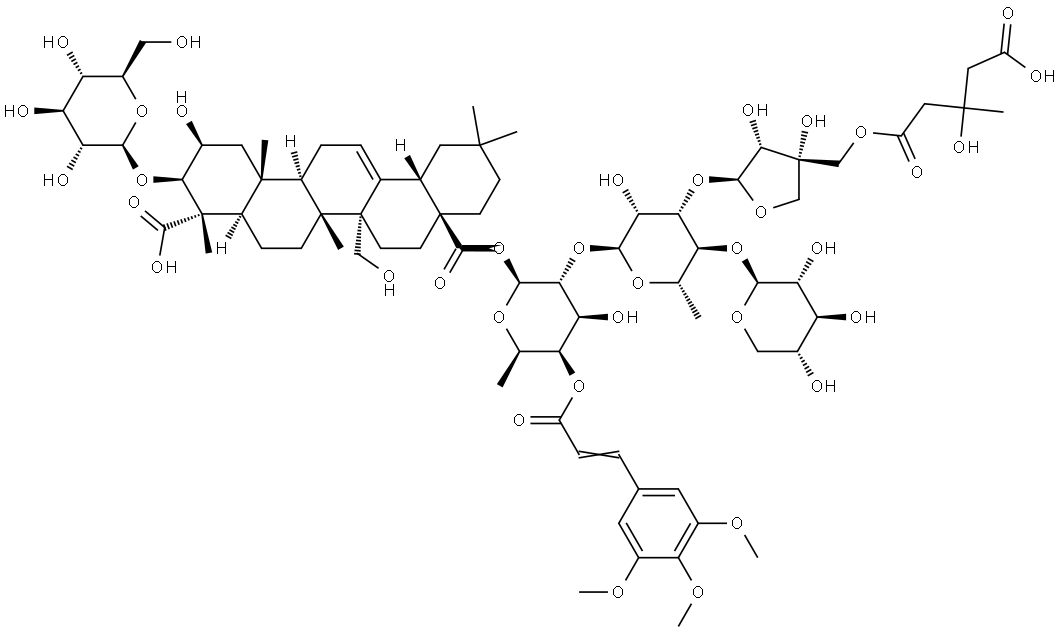 Olean-12-ene-23,28-dioic acid, 3-(β-D-glucopyranosyloxy)-2,27-dihydroxy-, 28-[O-5-O-(4-carboxy-3-hydroxy-3-methyl-1-oxobutyl)-D-apio-β-D-furanosyl-(1→3)-O-[β-D-xylopyranosyl-(1→4)]-O-6-deoxy-α-L-mannopyranosyl-(1→2)-6-deoxy-4-O-[1-oxo-3-(3,4,5-trimethoxyphenyl)-2-propen-1-yl]-β-D-galactopyranosyl] ester, (2β,3β,4α)- Structural