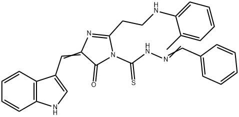 1H-Imidazole-1-carbothioic acid, 4,5-dihydro-4-(1H-indol-3-ylmethylene )-2-(2-((2-methylphenyl)amino)ethyl)-5-oxo-, (phenylmethylene)hydrazid e Structural