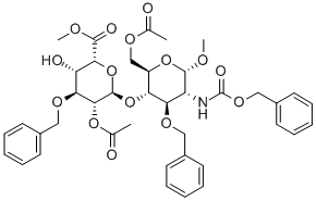 a-D-Glucopyranoside,methyl  4-O-[2-O-acetyl-6-methyl-3-O-(phenylmethyl)-a-L-idopyranuronosyl]-2-deoxy-2-[[(phenylmethoxy)carbonyl]amino]-3-O-(phenylmethyl)-,6-acetate Structural Picture