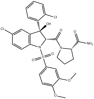 (2S)-1-[[(2R,3S)-5-CHLORO-3-(2-CHLOROPHENYL)-1-[(3,4-DIMETHOXYPHENYL)SULFONYL]-2,3-DIHYDRO-3-HYDROXY-1H-INDOL-2-YL]CARBONYL]-2-PYRROLIDINECARBOXAMIDE Structural