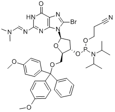 8-BROMO-5'-O-(4,4'-DIMETHOXYTRITYL)-N2-DIMETHYLAMINOMETHYLENE-2'-DEOXYGUANOSINE, 3'-[(2-CYANOETHYL)-(N,N-DIISOPROPYL)]PHOSPHORAMIDITE Structural