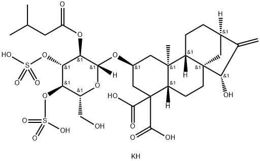 dipotassium dihydrogen 15alpha-hydroxy-2beta-[[2-O-isovaleryl-3,4-di-O-sulphonato-beta-D-glucopyranosyl]oxy]kaur-16-ene-18,19-dioate Structural