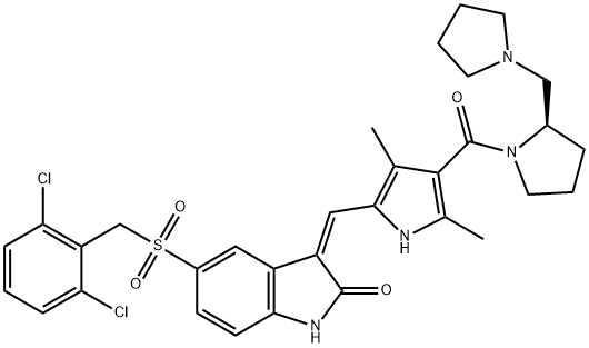 (2R)-1-[[5-[(Z)-[5-[[(2,6-DICHLOROPHENYL)METHYL]SULFONYL]-1,2-DIHYDRO-2-OXO-3H-INDOL-3-YLIDENE]METHYL]-2,4-DIMETHYL-1H-PYRROL-3-YL]CARBONYL]-2-(1-PYRROLIDINYLMETHYL)PYRROLIDINE Structural