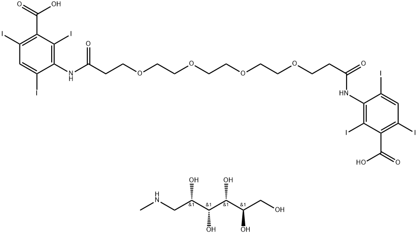 bis[1-deoxy-1-(methylamino)-D-glucitol] 3,3'-[(1,16-dioxo-4,7,10,13-tetraoxahexadecane-1,16-diyl)diimino]bis[2,4,6-triiodobenzoate] Structural Picture