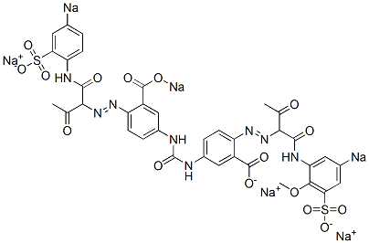 2-[[2-Oxo-1-[(2-methoxy-5-sodiosulfophenyl)aminocarbonyl]propyl]azo]-5-[N'-[3-sodiooxycarbonyl-4-[[2-oxo-1-[(4-sodiosulfophenyl)aminocarbonyl]propyl]azo]phenyl]ureido]benzoic acid sodium salt Structural