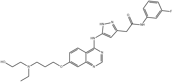 1H-Pyrazole-3-acetamide, 5-[[7-[3-[ethyl(2-hydroxyethyl)amino]propoxy]-4-quinazolinyl]amino]-N-(3-fluorophenyl)- Structural