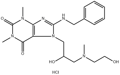 1H-Purine-2,6-dione, 3,7-dihydro-1,3-dimethyl-7-(2-hydroxy-3-((2-hydro xyethyl)methylamino)propyl)-8-((phenylmethyl)amino)-, monohydrochlorid e