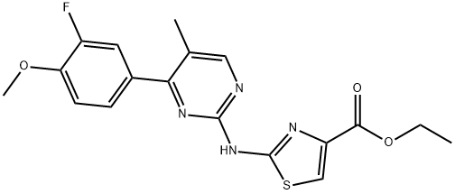 Ethyl 2-{[4-(3-fluoro-4-methoxyphenyl)-5-methyl-2-pyrimidinyl]amino}-1,3-thiazole-4-carboxylat Structural