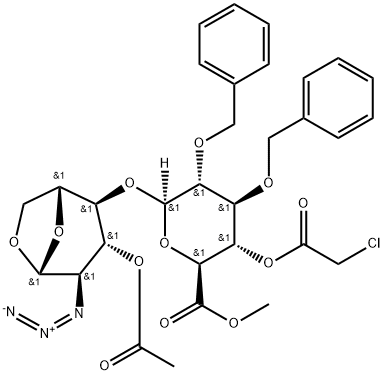 (2S,3S,4S,5R,6R)-Methyl 6-((1R,2S,3R,4R,5R)-3-acetoxy-4-azido-6,8-dioxabicyclo[3,2,1]octan-2-yloxy)-4,5-bis(benzyloxy)-3-(chlorocarbonyloxy)tetrahydro-2H-pyran-2-carboxylate Structural Picture