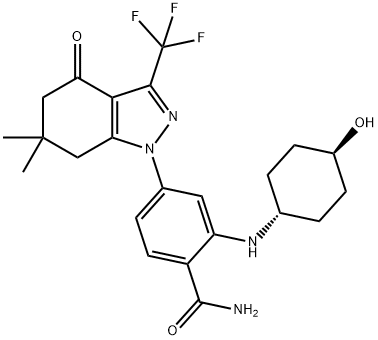 4-(6,6-dimethyl-4-oxo-3-(trifluoromethyl)-4,5,6,7-tetrahydro-1H-indazol-1-yl)-2-((1r,4r)-4-hydroxycyclohexylamino)benzamide Structural