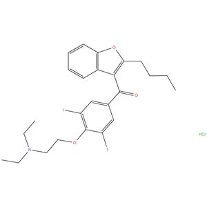 Amiodarone
(2-Butyl-3-benzofuranyl)[4-[2-(diethylamino)ethoxy]-3,5- diiodophenyl] methanone Hydrochloride