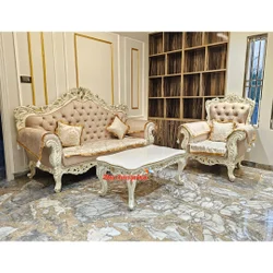 White 4 Seater Teak Wood Designer Sofa Set, 3+1, Fabric