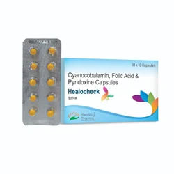 Healocheck Capsules - Vitamin B12 (Cyanocobalamin) + Folic Acid + Vitamin B6 (Pyridoxine)