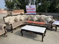 7 Seater Velvet Wooden L Shape Sofa Set, Without Lounger, Living Room